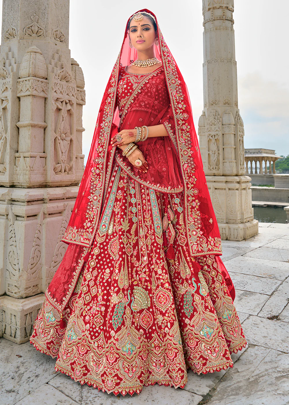 Ruby Red Silk Embroidered Bridal Wear Lehenga Choli - Image 4