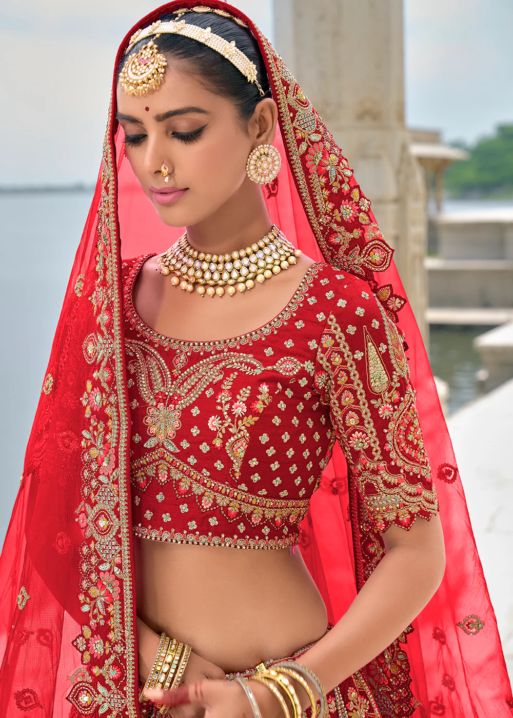 Ruby Red Silk Embroidered Bridal Wear Lehenga Choli - Image 5