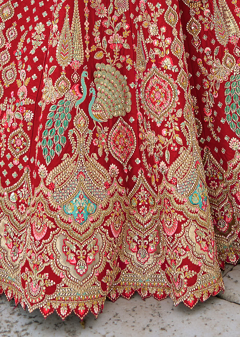 Ruby Red Silk Embroidered Bridal Wear Lehenga Choli - Image 6