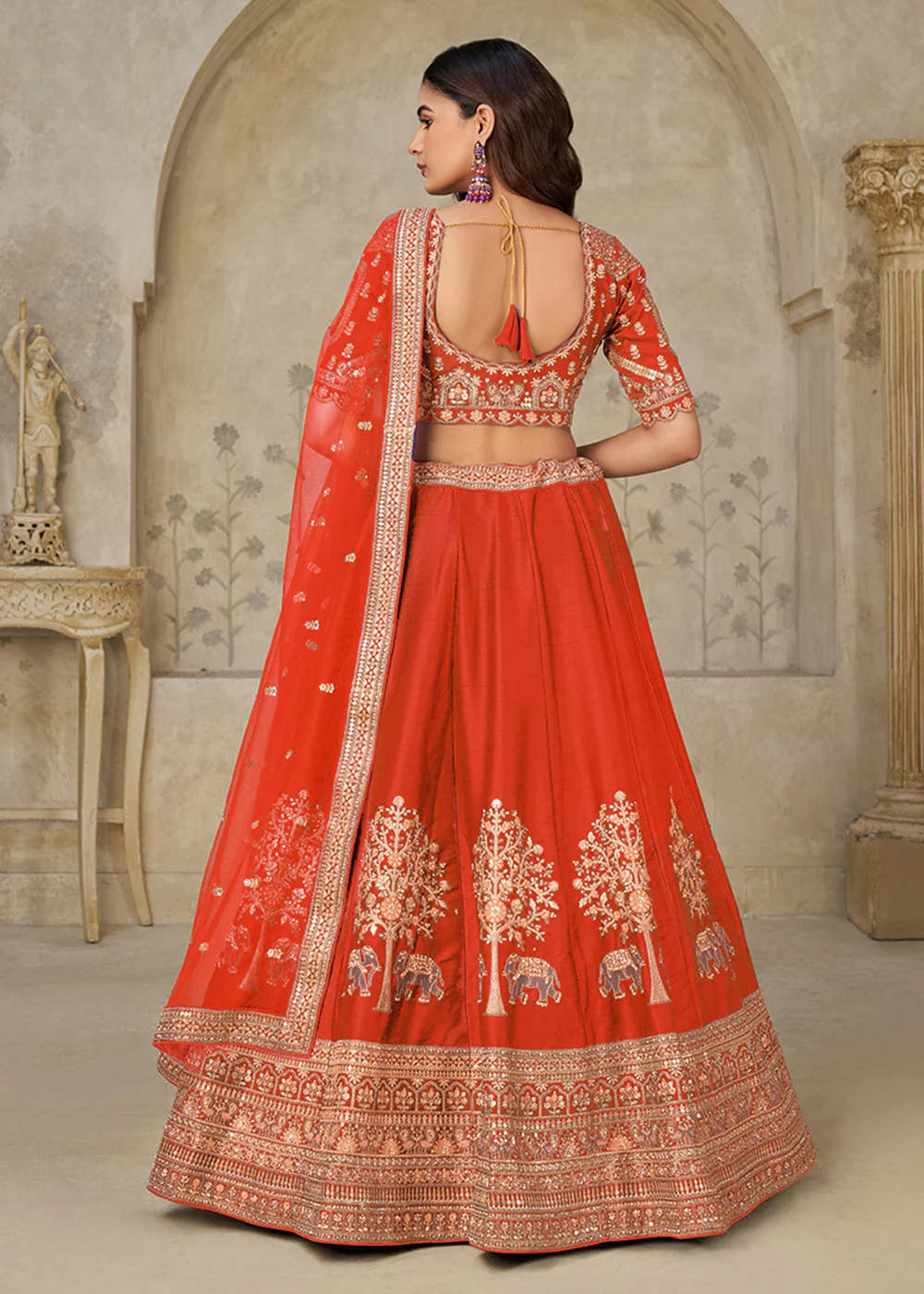 Rust Elephant Zari Embroidered Bridal Lehenga Choli - Image 3