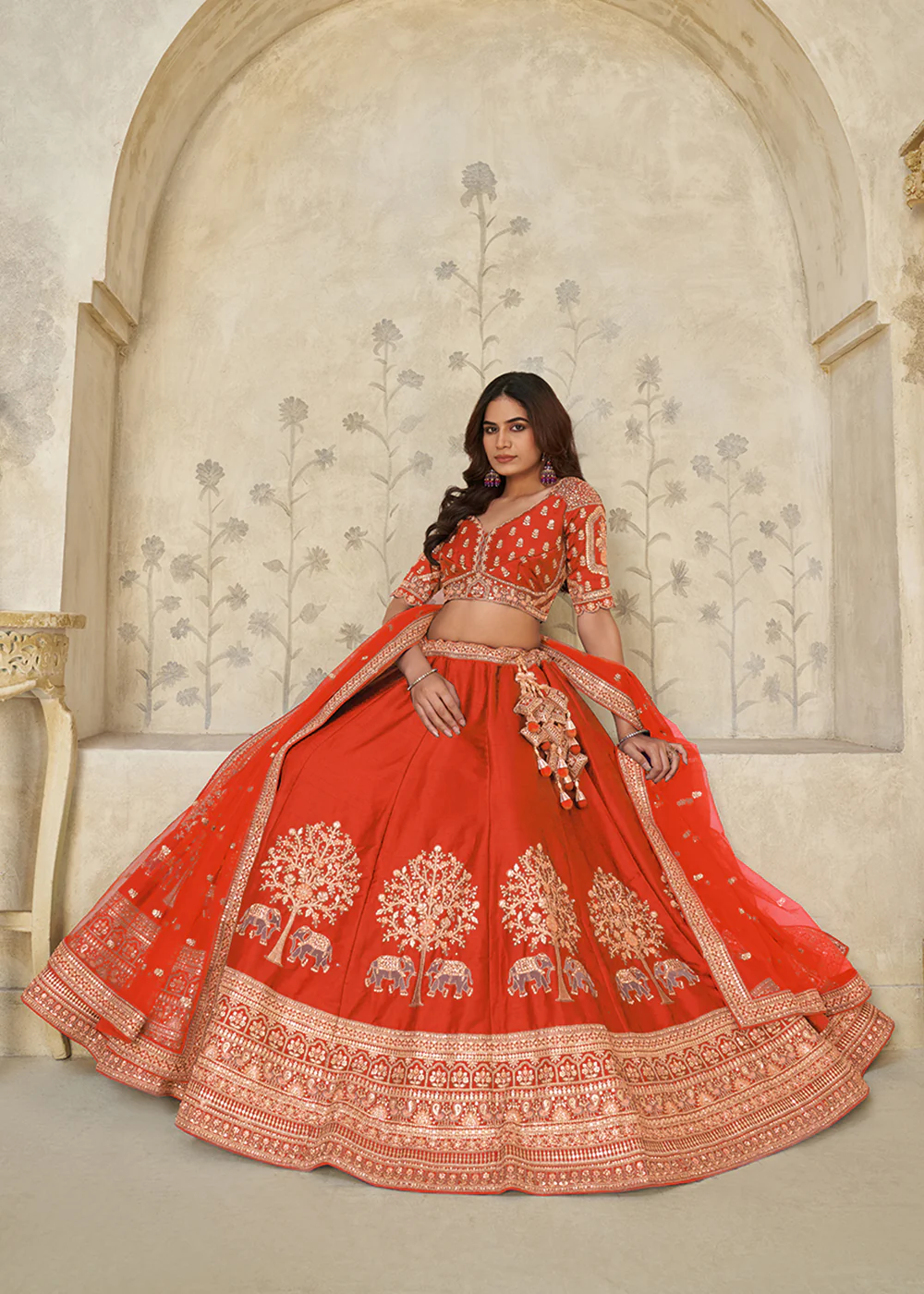 Rust Elephant Zari Embroidered Bridal Lehenga Choli - Image 4