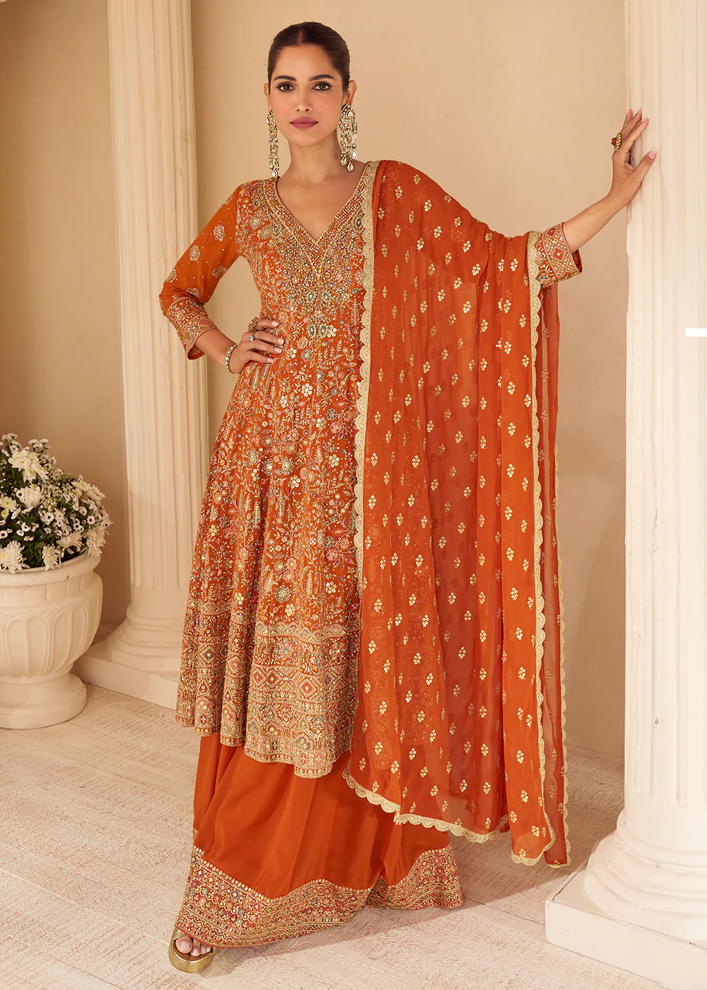 Rust Orange Embroidered Function Wear Palazzo Suit