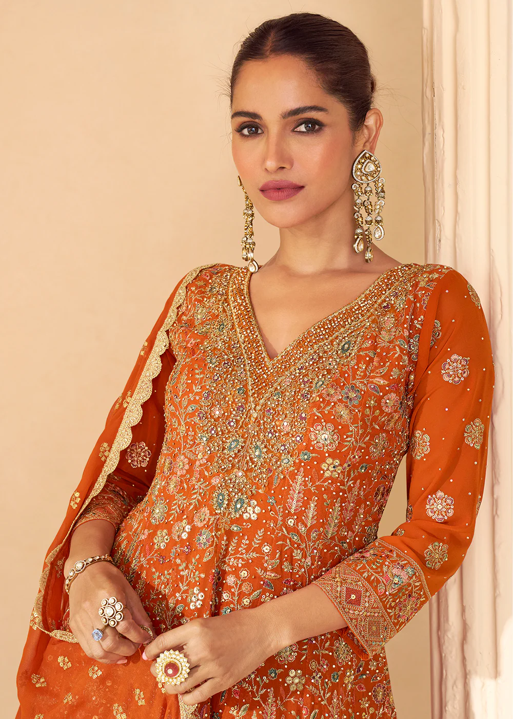 Rust Orange Embroidered Function Wear Palazzo Suit - Image 2