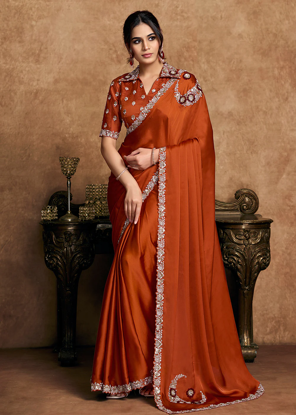Rust Orange Embroidered Wedding Festive Wear Saree
