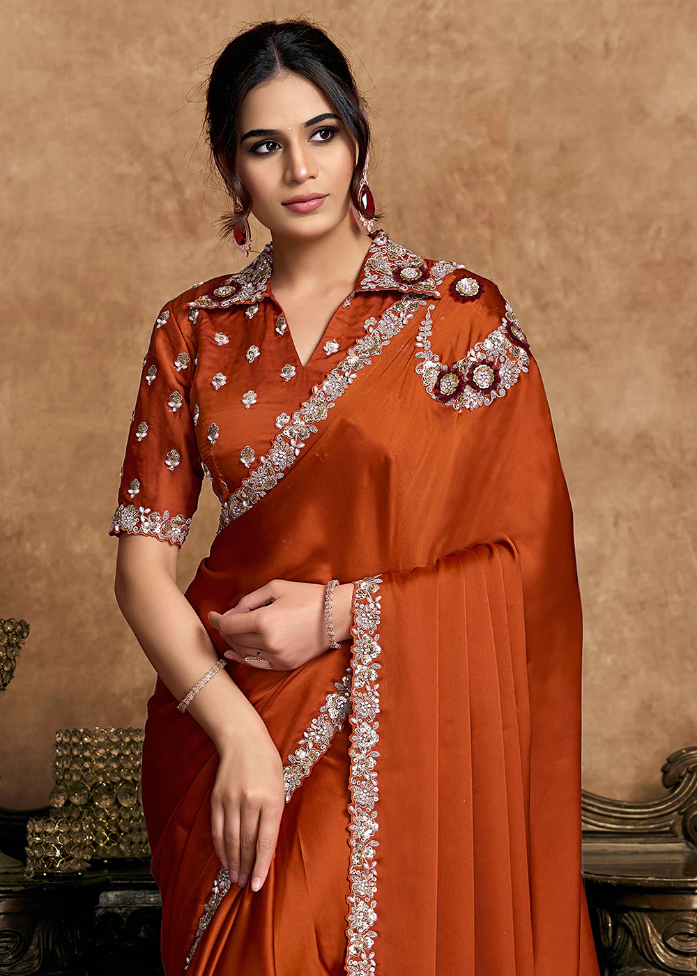 Rust Orange Embroidered Wedding Festive Wear Saree - Image 2