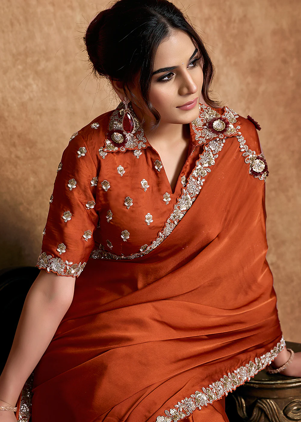 Rust Orange Embroidered Wedding Festive Wear Saree - Image 3