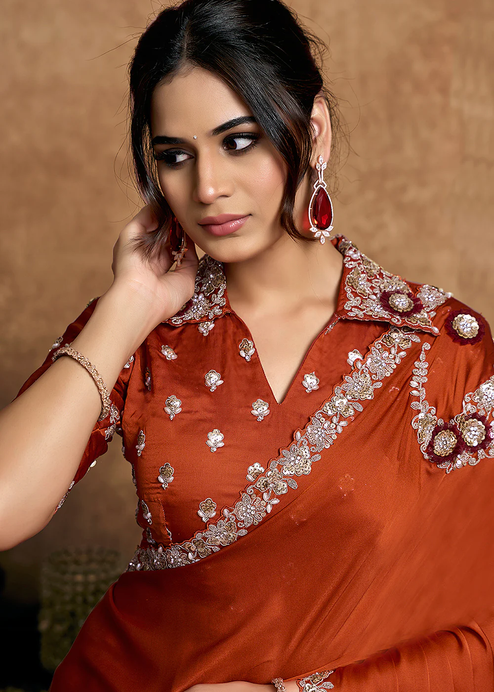Rust Orange Embroidered Wedding Festive Wear Saree - Image 4