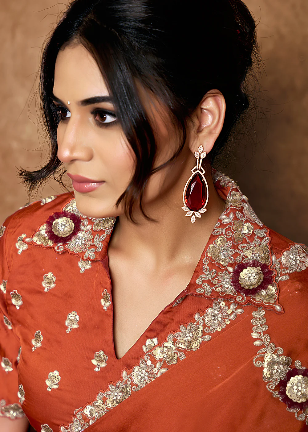 Rust Orange Embroidered Wedding Festive Wear Saree - Image 5