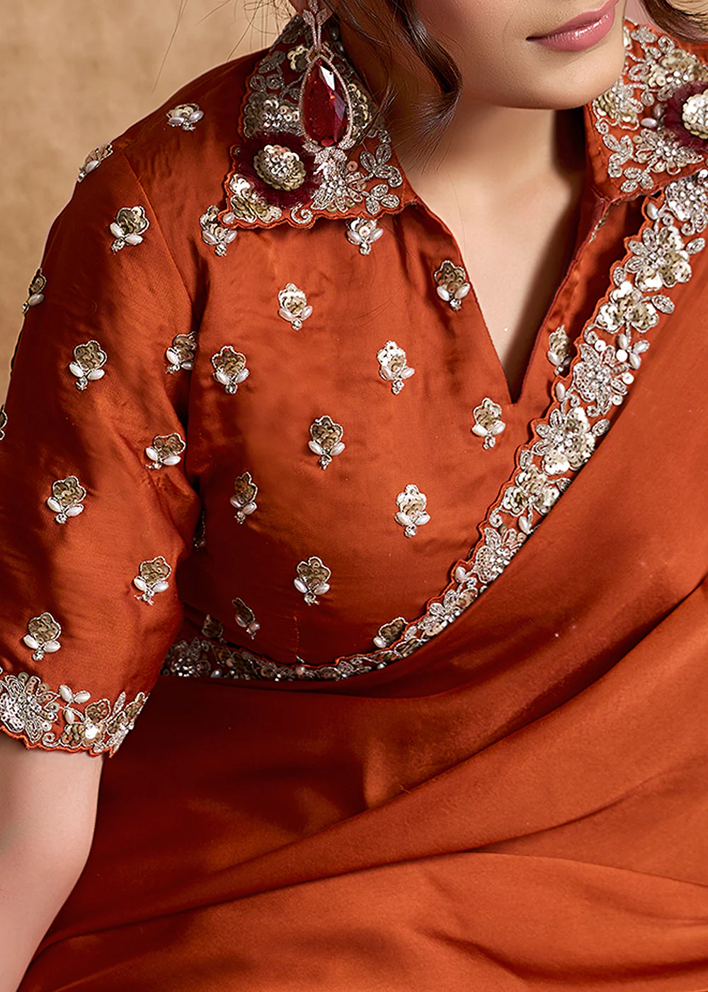 Rust Orange Embroidered Wedding Festive Wear Saree - Image 6