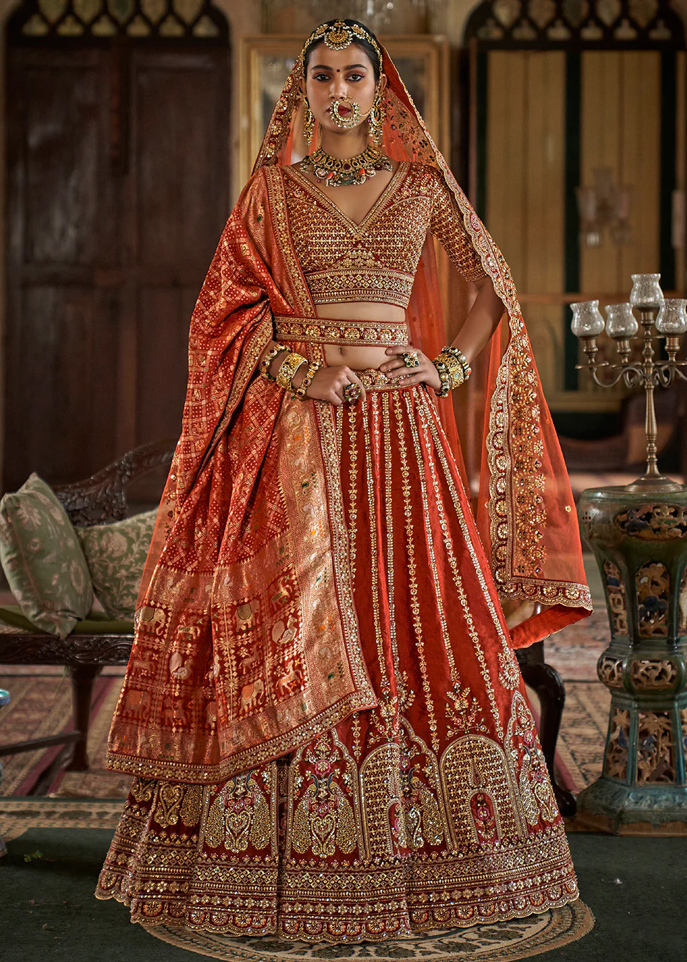 Rust Orange Sabyasachi Inspired Bridal Silk Lehenga Choli