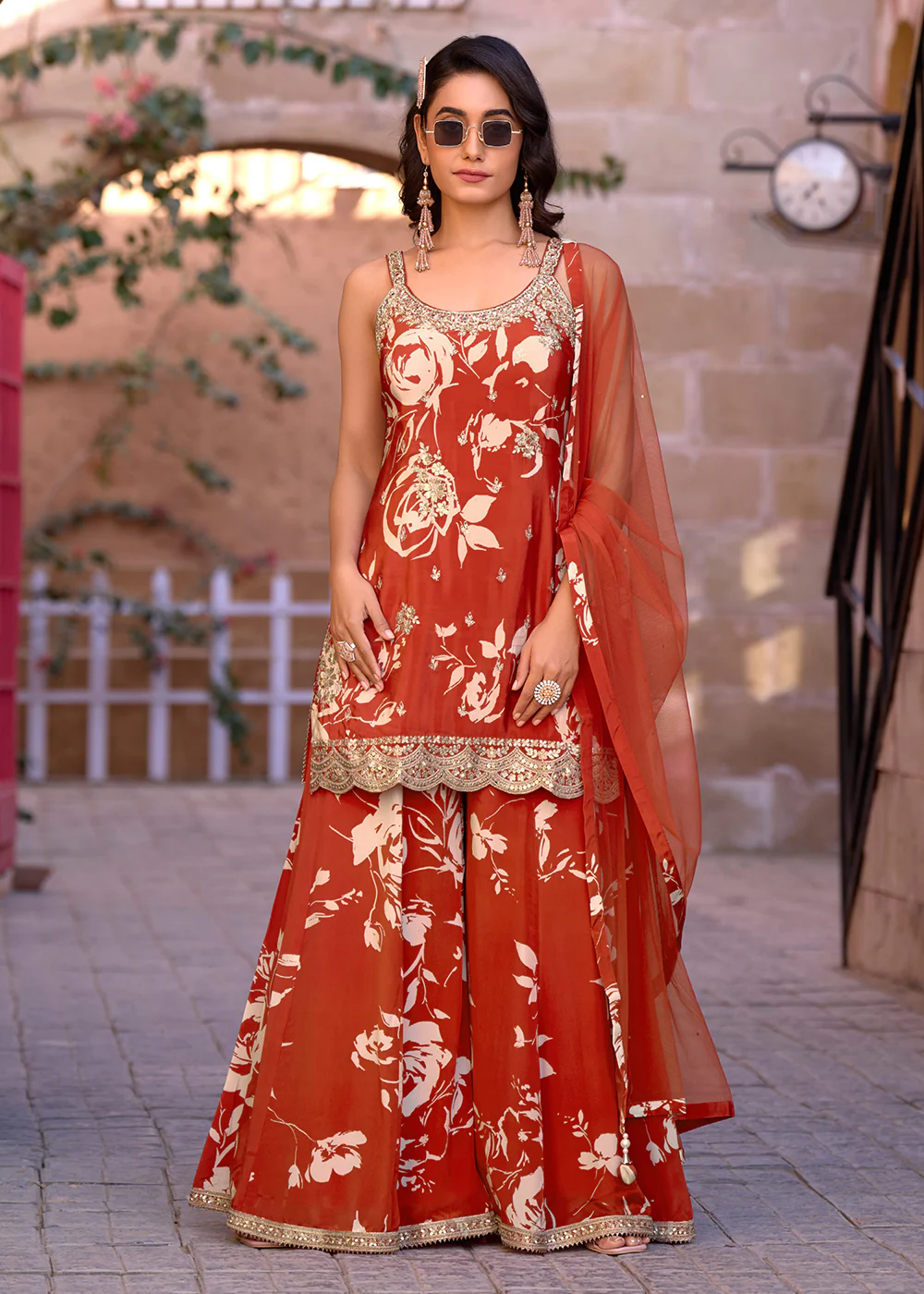 Rust Orange Sequins Embroidered Wedding Festive Suit