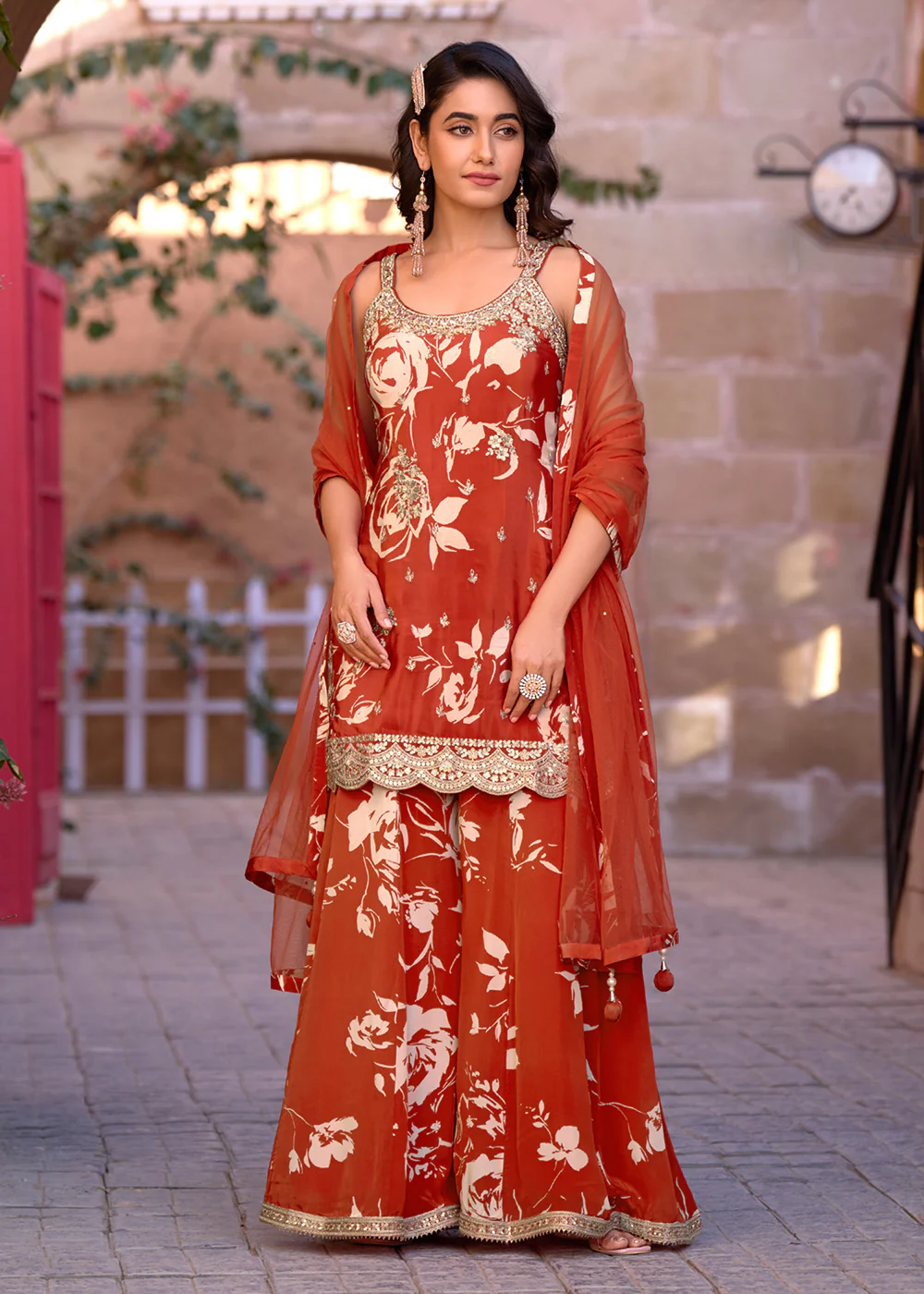 Rust Orange Sequins Embroidered Wedding Festive Suit - Image 3