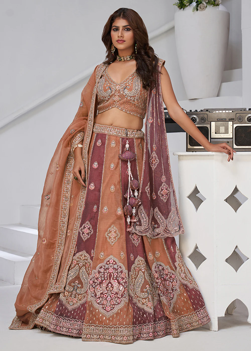 Rust & Pink Georgette Tissue Wedding Lehenga Choli