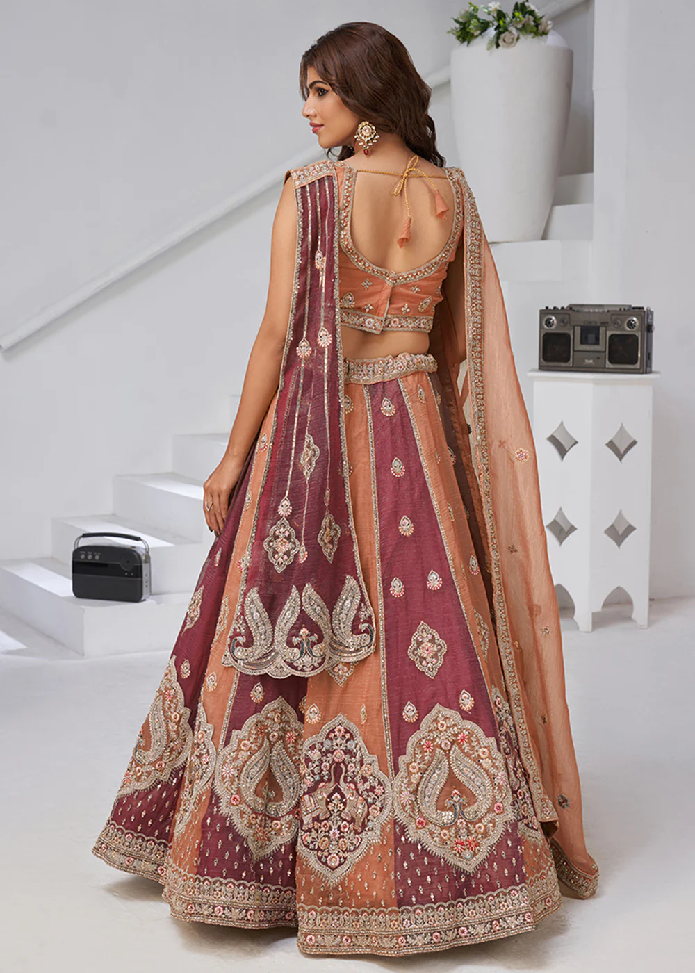 Rust & Pink Georgette Tissue Wedding Lehenga Choli - Image 3