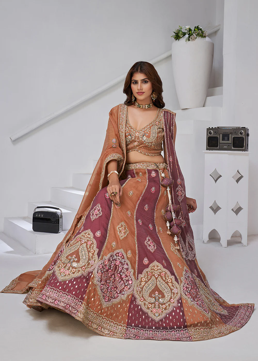 Rust & Pink Georgette Tissue Wedding Lehenga Choli - Image 4