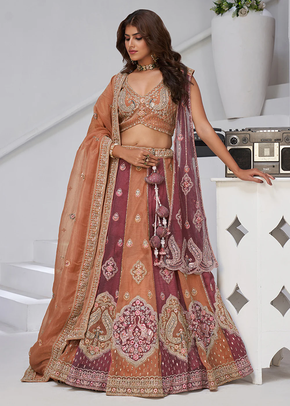Rust & Pink Georgette Tissue Wedding Lehenga Choli - Image 5