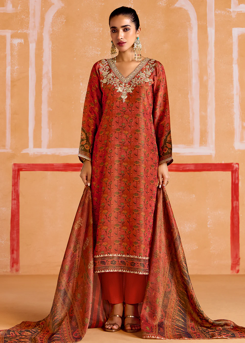Rust Pure Muslin Embroidered Pakistani Style Suit