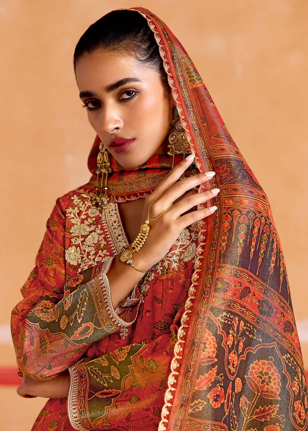 Rust Pure Muslin Embroidered Pakistani Style Suit - Image 2