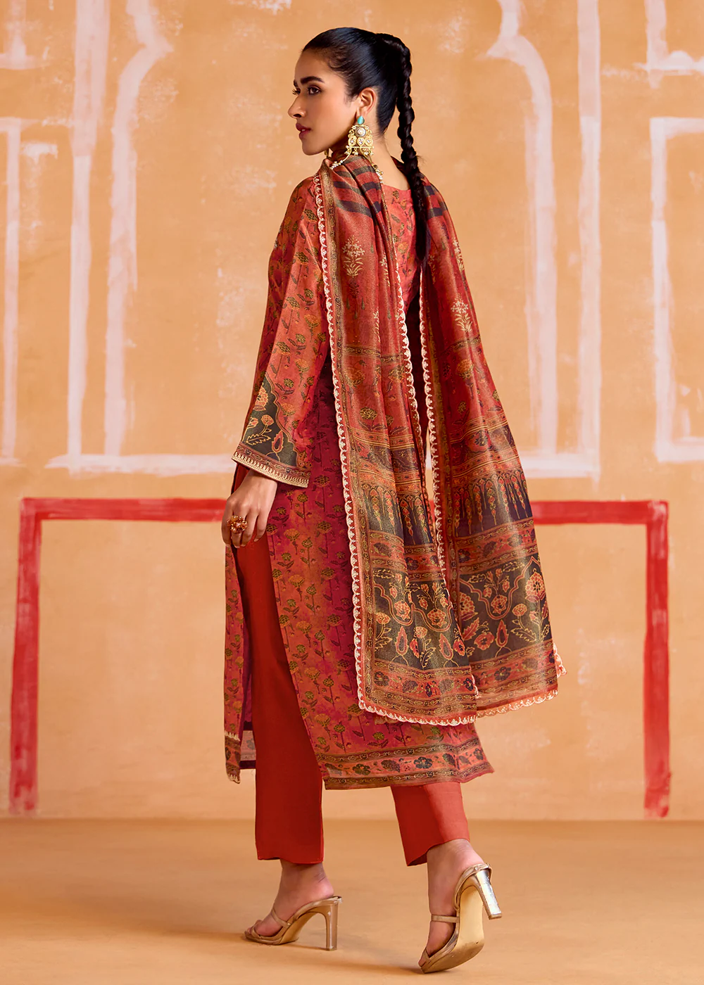 Rust Pure Muslin Embroidered Pakistani Style Suit - Image 3