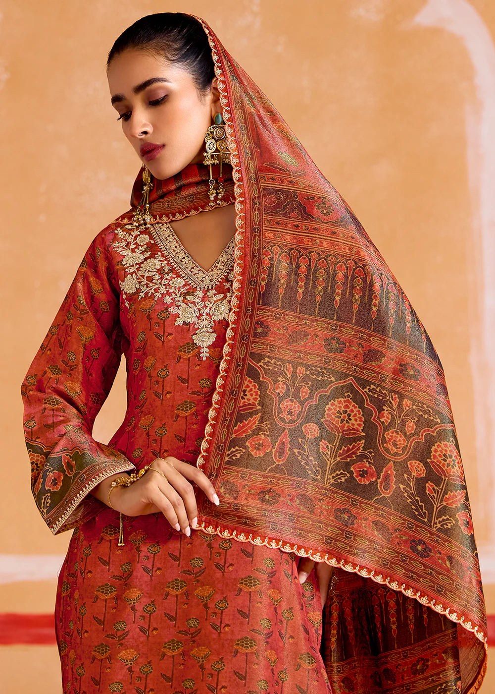 Rust Pure Muslin Embroidered Pakistani Style Suit - Image 4