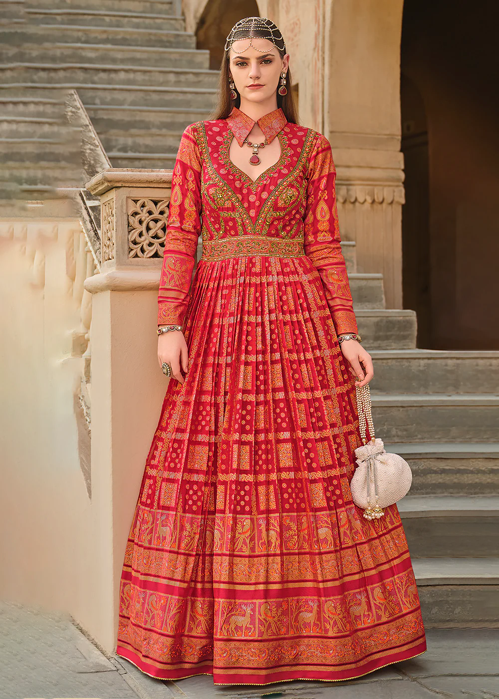 Rust Red Silk Foil Printed & Embroidered Traditional Gown