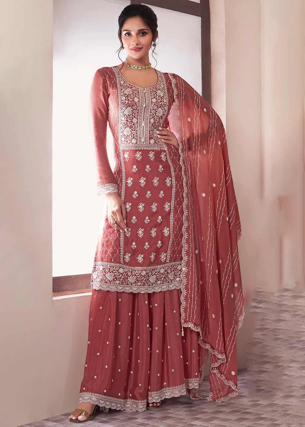 Rust Thread Embroidered Chinnon Sharara Style Suit