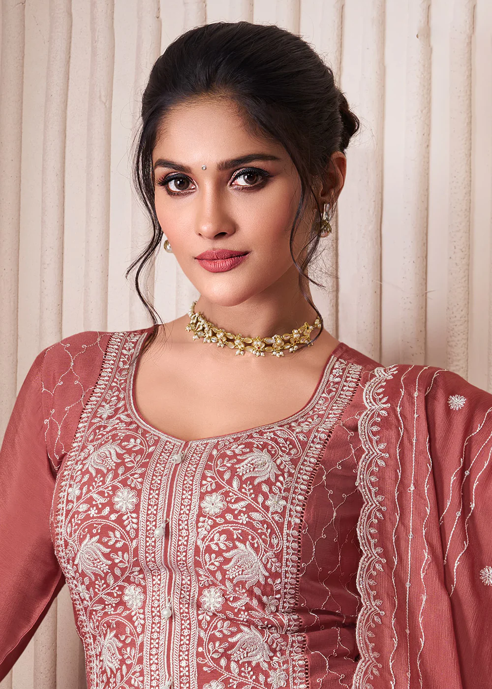Rust Thread Embroidered Chinnon Sharara Style Suit - Image 2