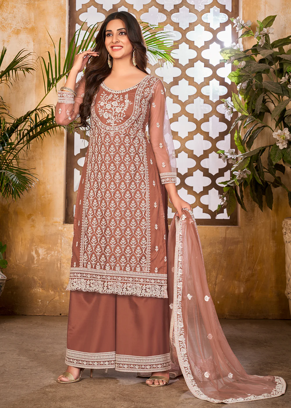 Rusty Brown Wedding Festive Pakistani Style Palazzo Suit