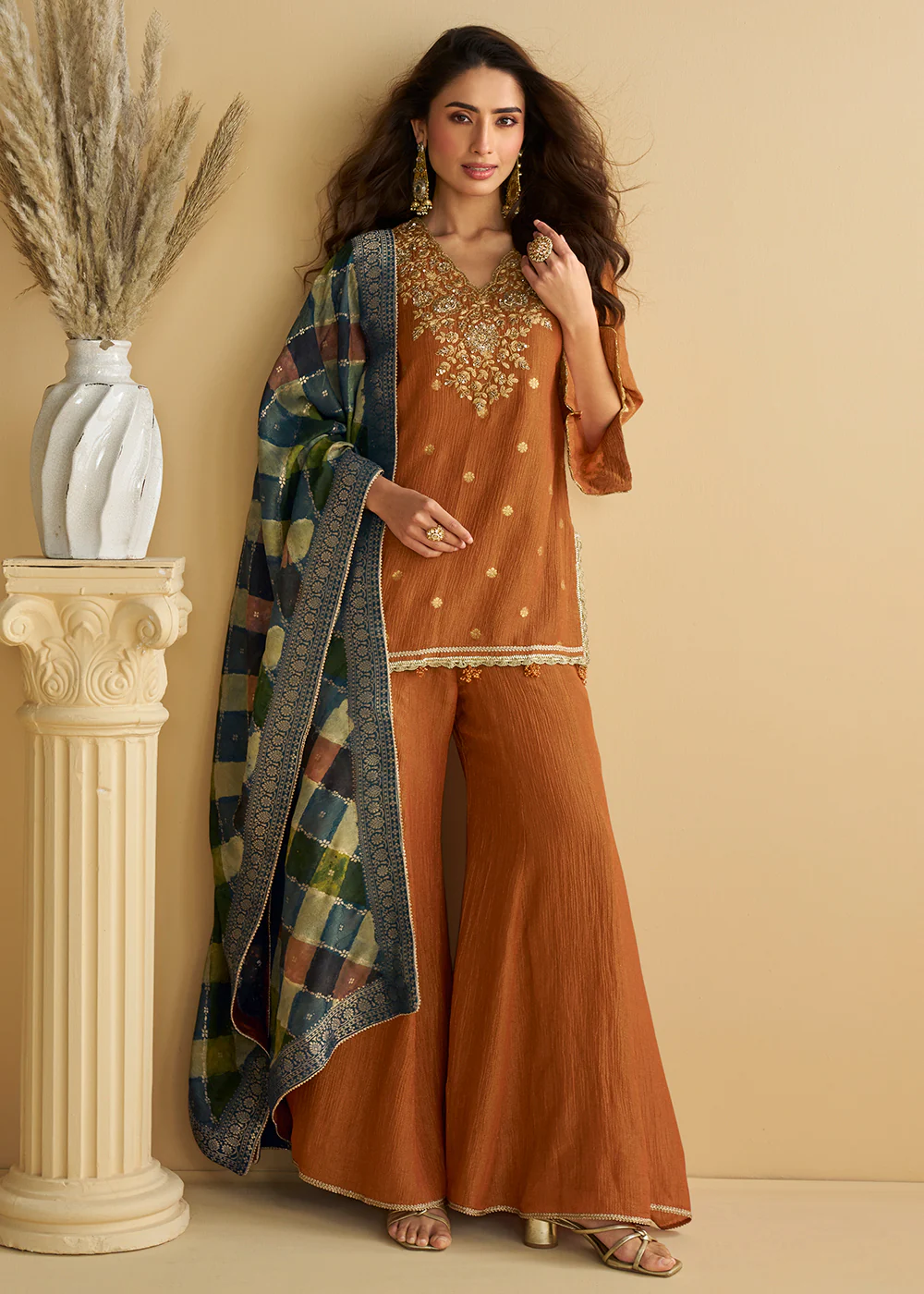 Rusty Brown Wedding Festive Palazzo Style Suit - Image 3