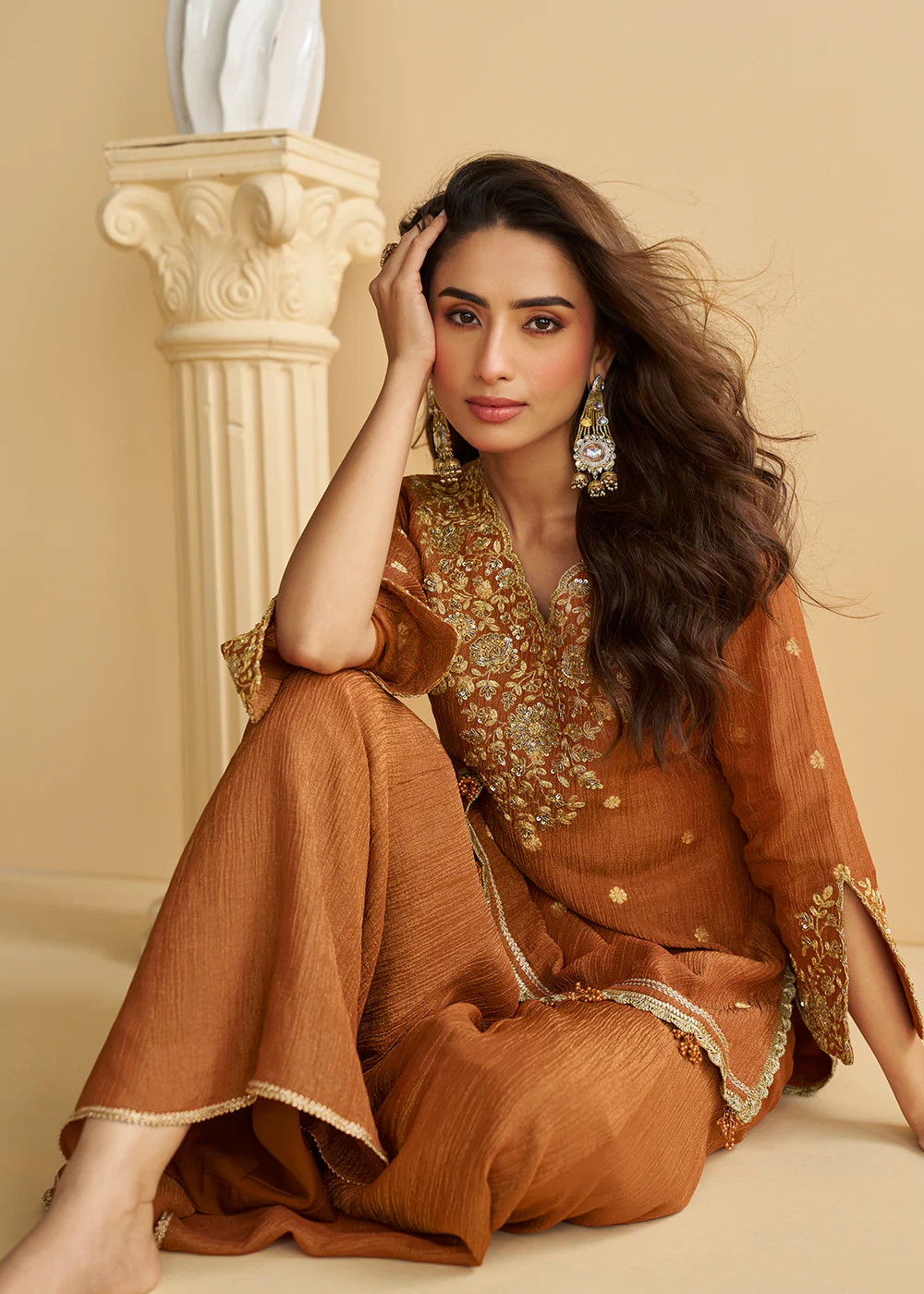 Rusty Brown Wedding Festive Palazzo Style Suit - Image 4