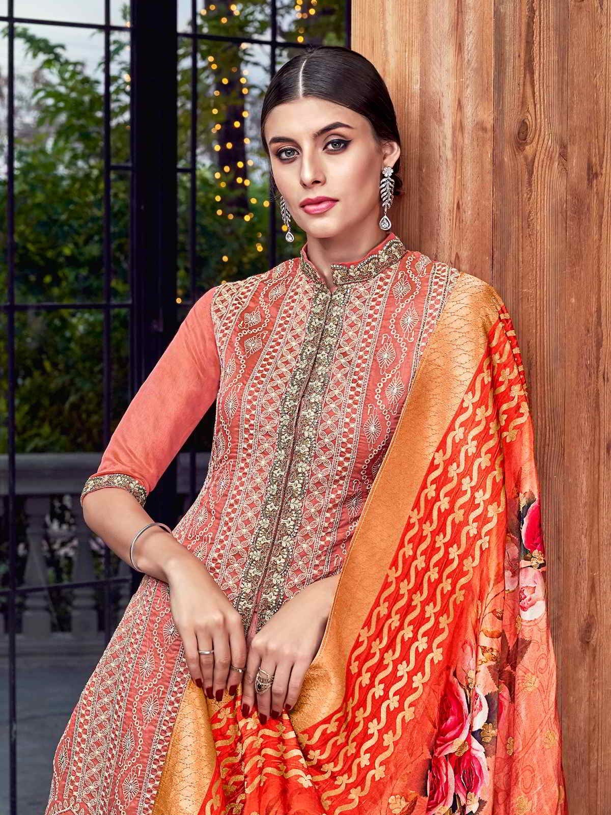 Rusty Orange Lucknowi Embroidered Pakistani Style Pant Suit - Image 2