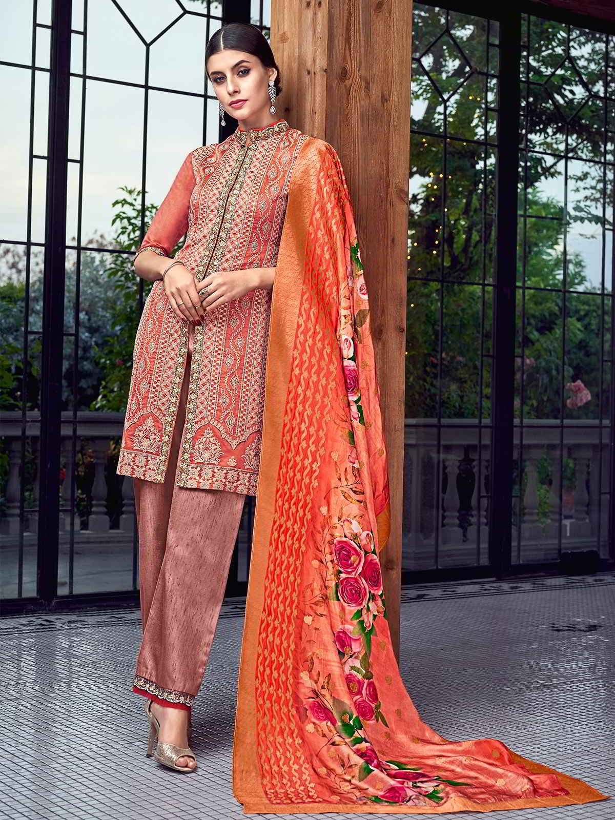 Rusty Orange Lucknowi Embroidered Pakistani Style Pant Suit - Image 3