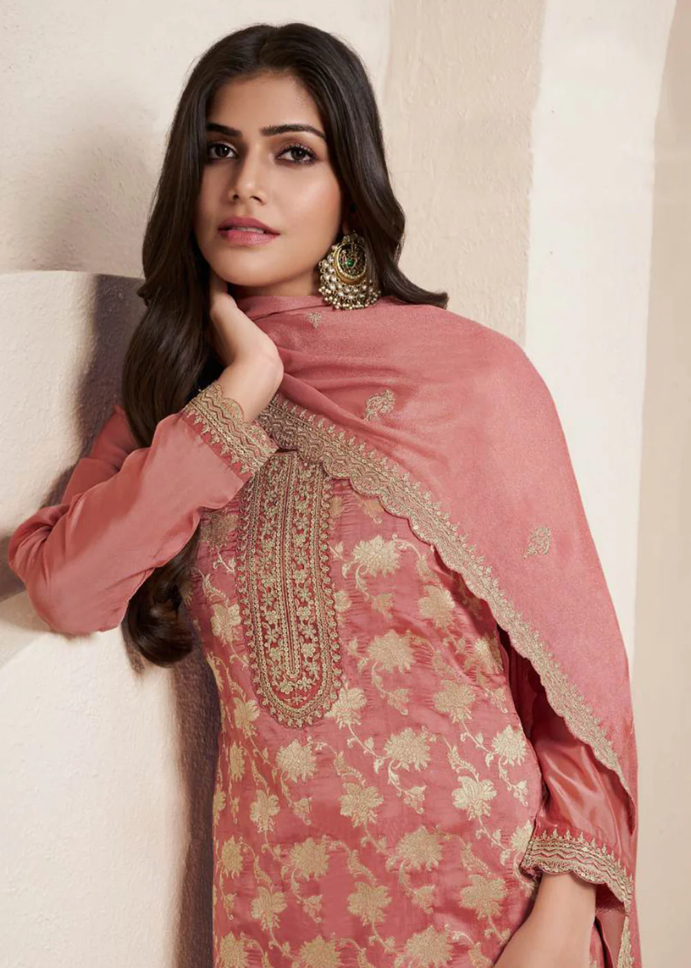 Rusty Peach Silk Jacquard Embroidered Festive Salwar Suit - Image 2