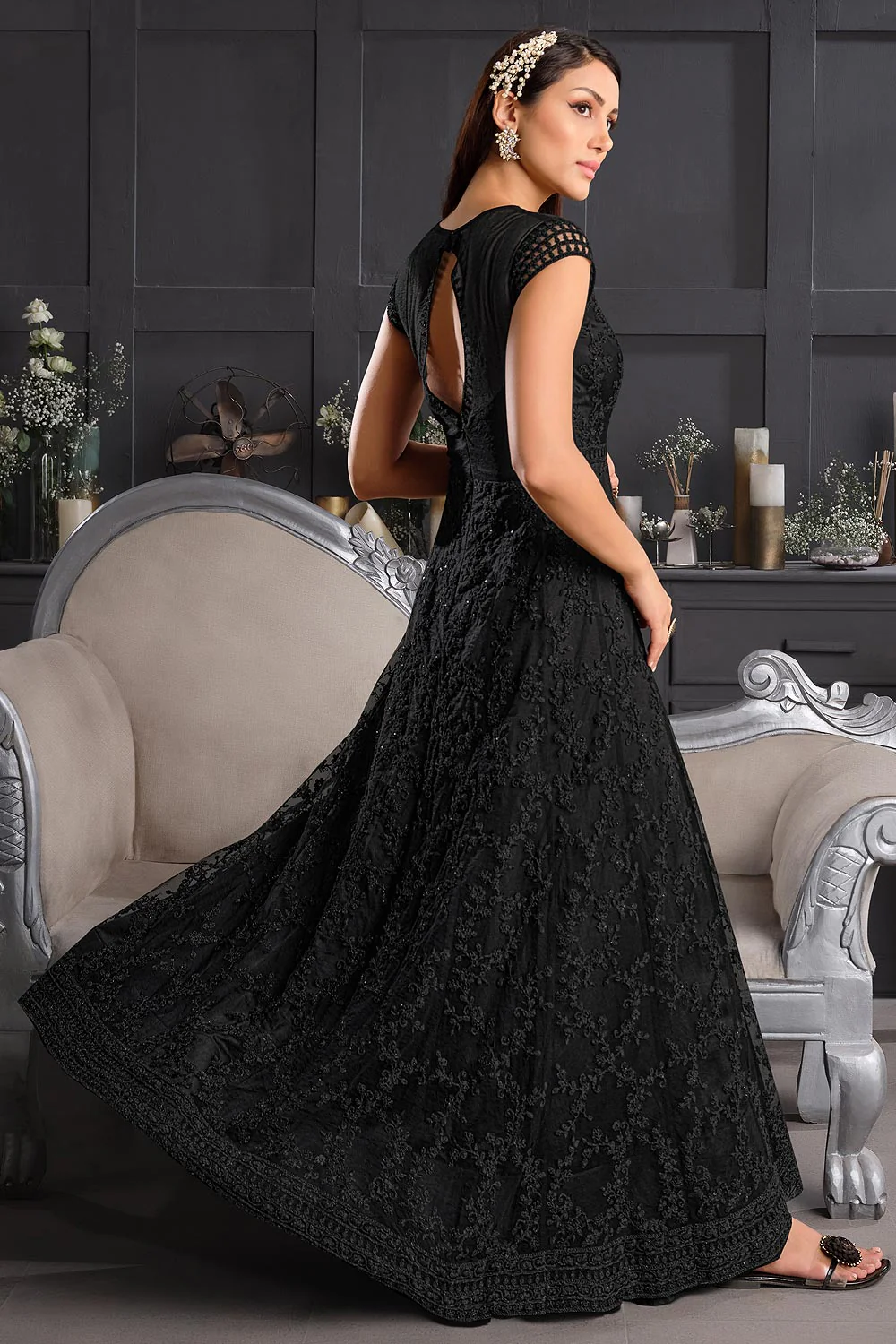 Sable Black Butterfly Net Front Slit Anarkali Suit - Image 4