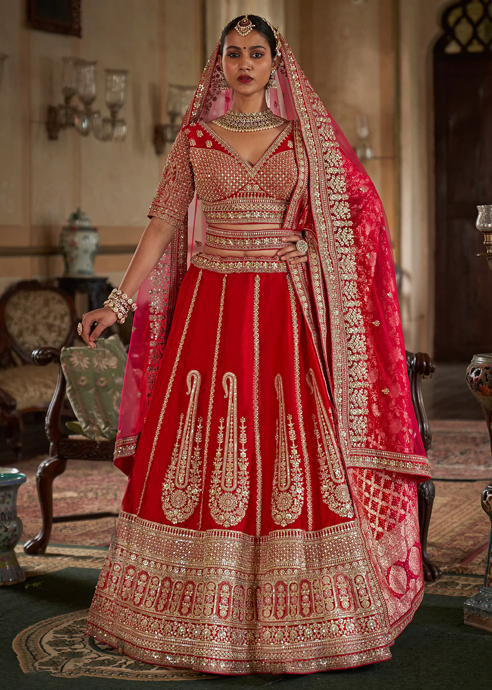 Sabyasachi Inspired Cherry Red Bridal Silk Lehenga Choli