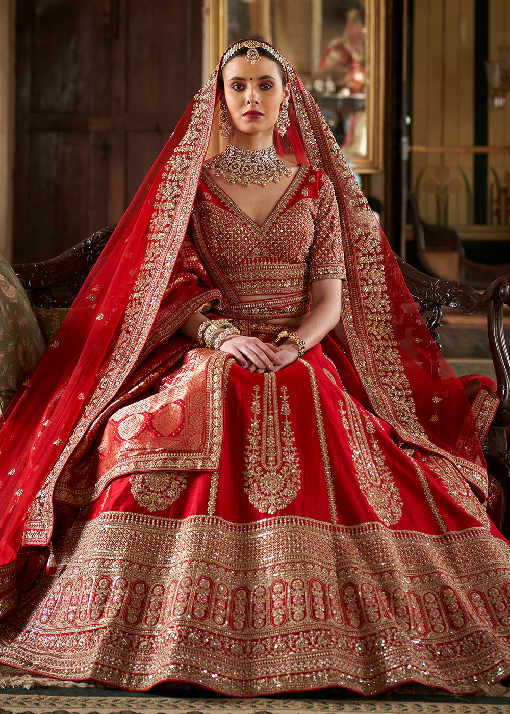 Sabyasachi Inspired Cherry Red Bridal Silk Lehenga Choli - Image 3