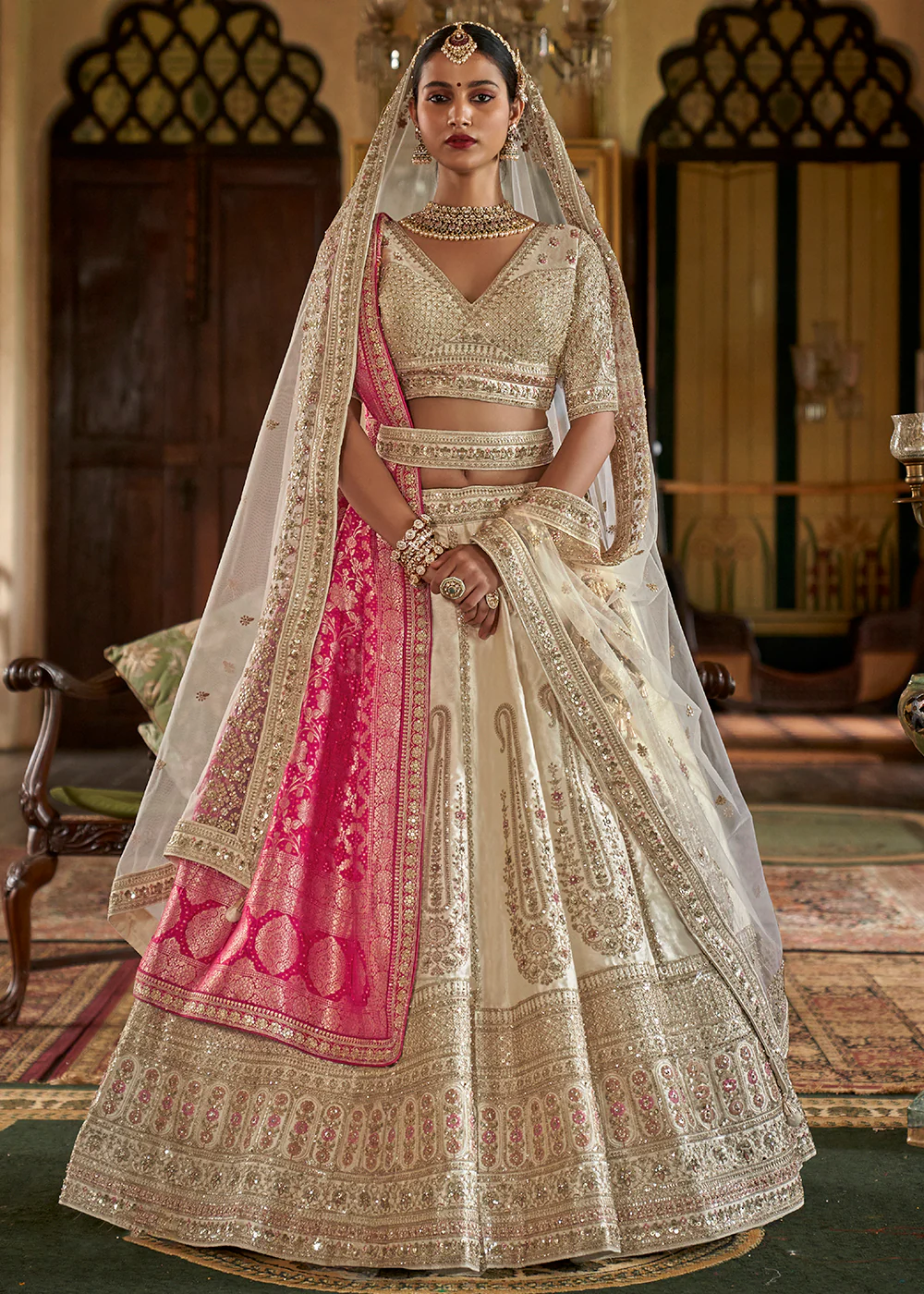 Sabyasachi Inspired Pearl White Bridal Silk Lehenga Choli