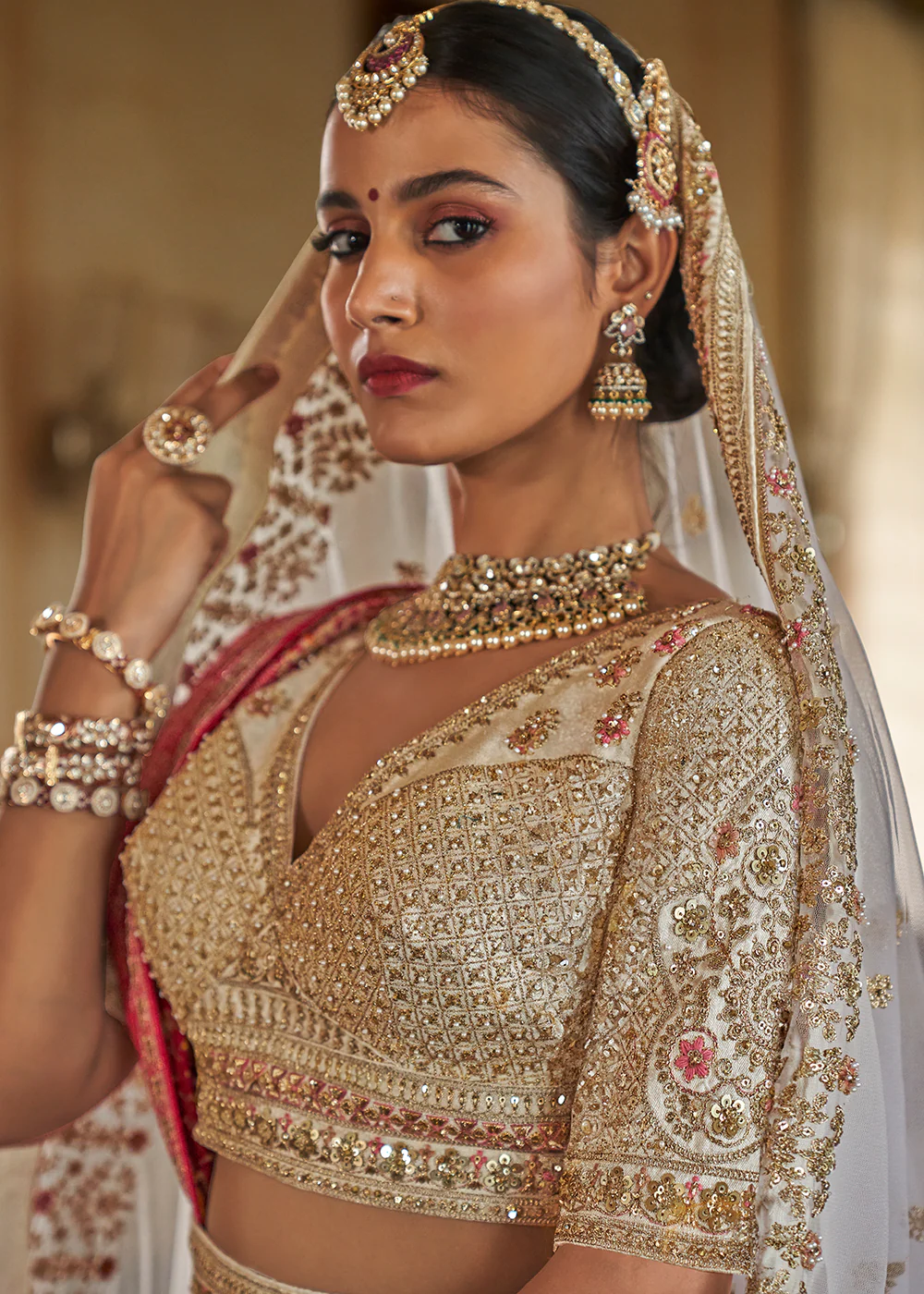 Sabyasachi Inspired Pearl White Bridal Silk Lehenga Choli - Image 2
