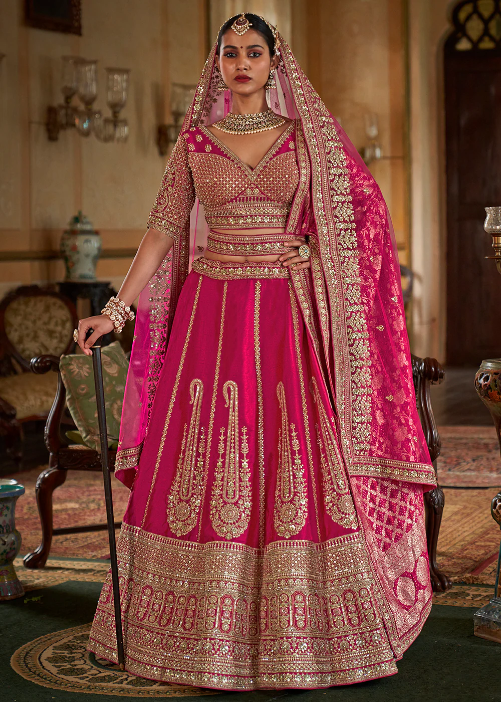 Sabyasachi Inspired Rani Pink Bridal Silk Lehenga Choli