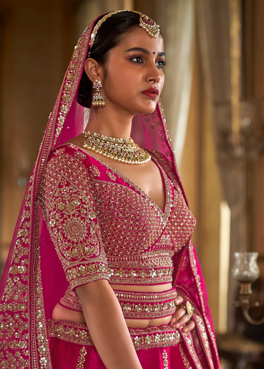 Sabyasachi Inspired Rani Pink Bridal Silk Lehenga Choli - Image 2