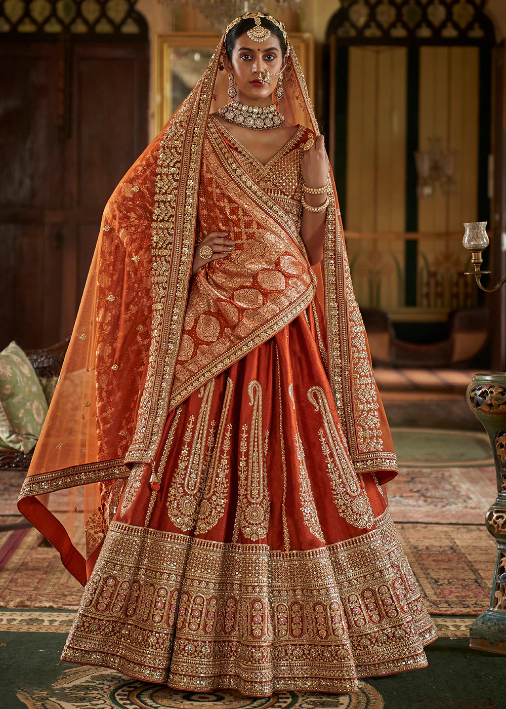 Sabyasachi Inspired Rust Orange Bridal Silk Lehenga Choli