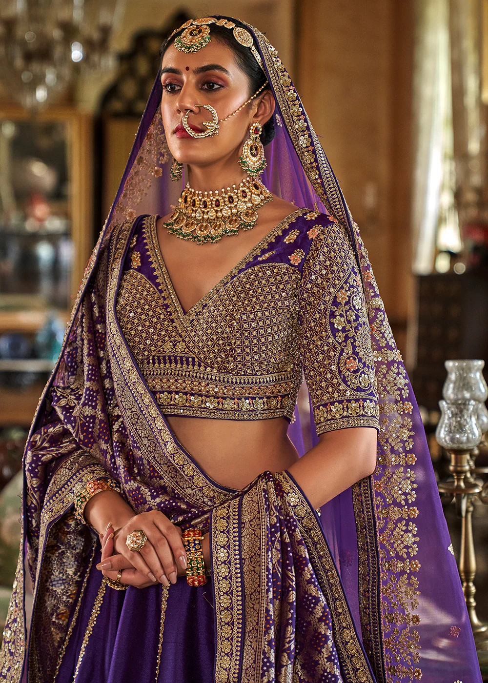 Sabyasachi Inspired Violet Purple Bridal Silk Lehenga Choli - Image 2