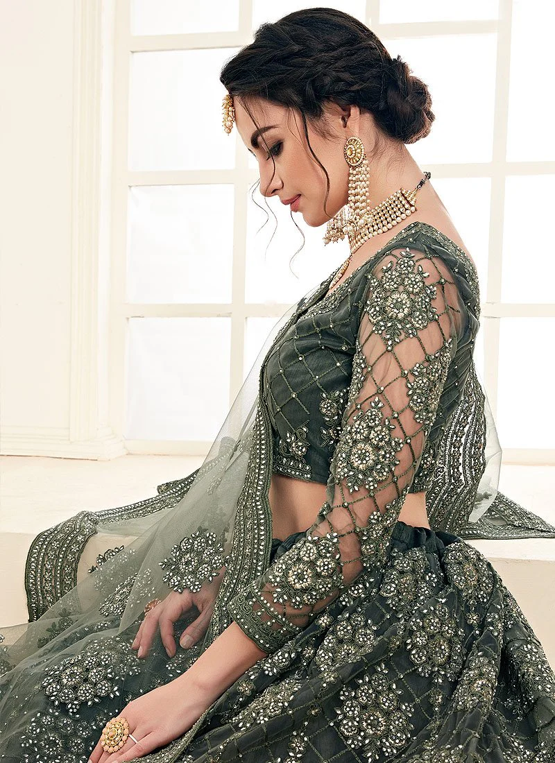 Sage Green A Line Trendy Wedding Lehenga Choli - Image 3
