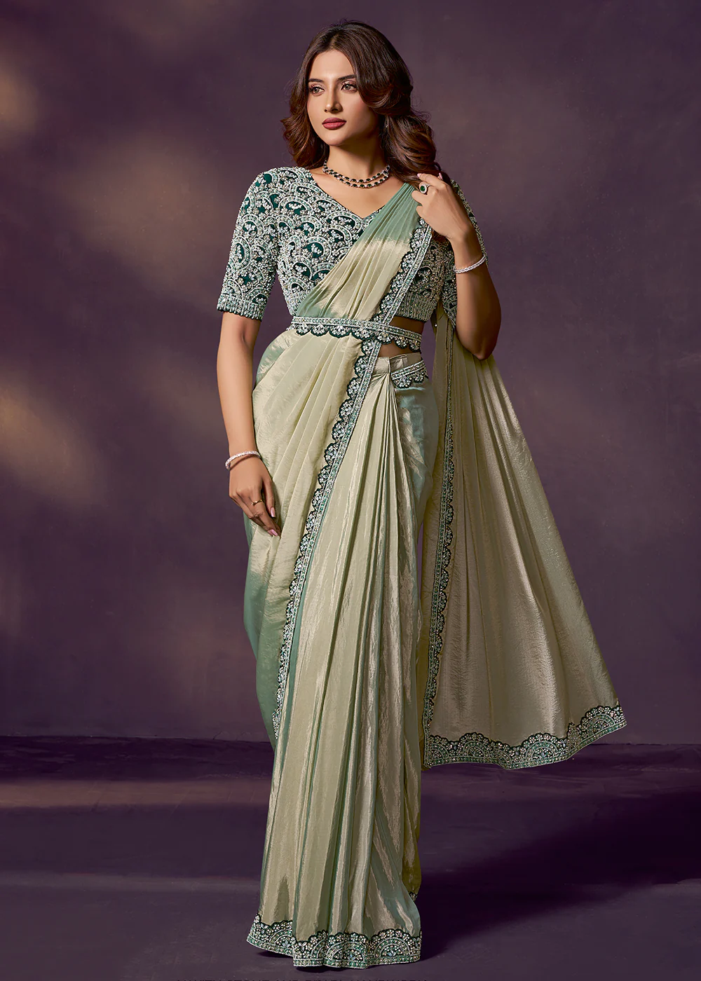 Sage Green Designer Party Style Pre Draped Saree