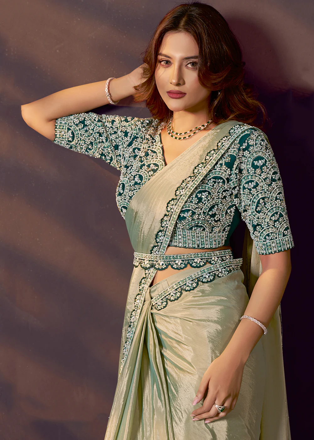 Sage Green Designer Party Style Pre Draped Saree - Image 2