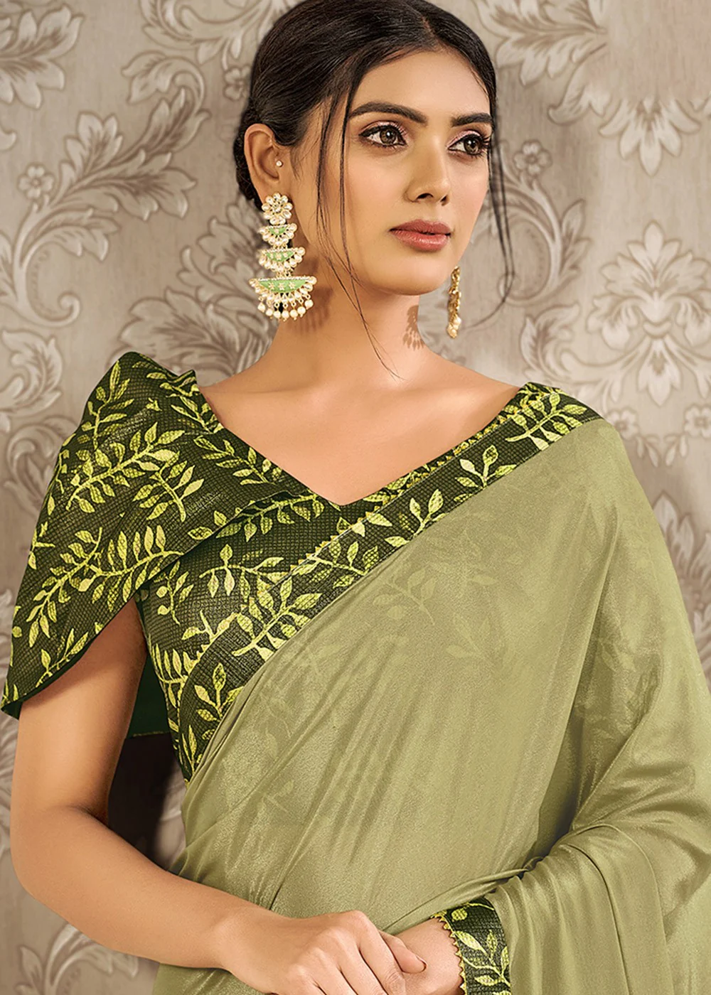 Sage Green Digital Print Silk Georgette Designer Saree - Image 2