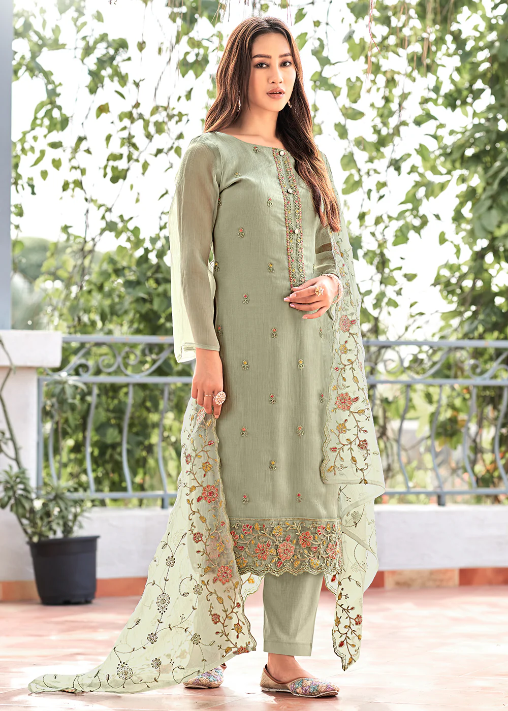 Sage Green Embroidered Organza Chiffon Festive Salwar Suit
