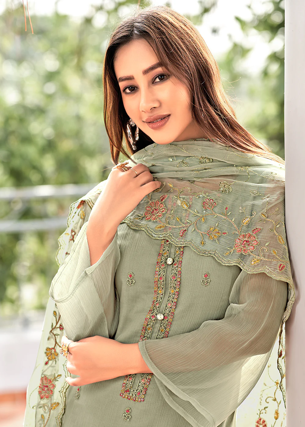 Sage Green Embroidered Organza Chiffon Festive Salwar Suit - Image 2