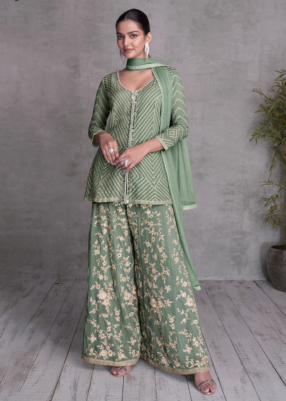 Sage Green Embroidered Wedding Festive Sharara Suit - Image 3