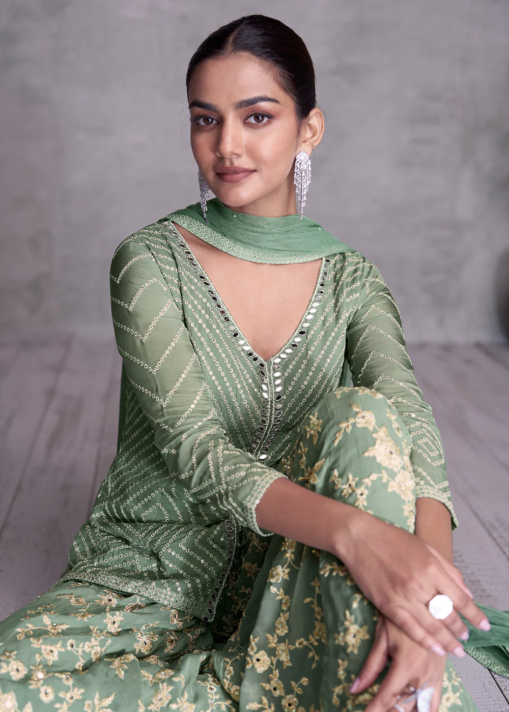 Sage Green Embroidered Wedding Festive Sharara Suit - Image 4